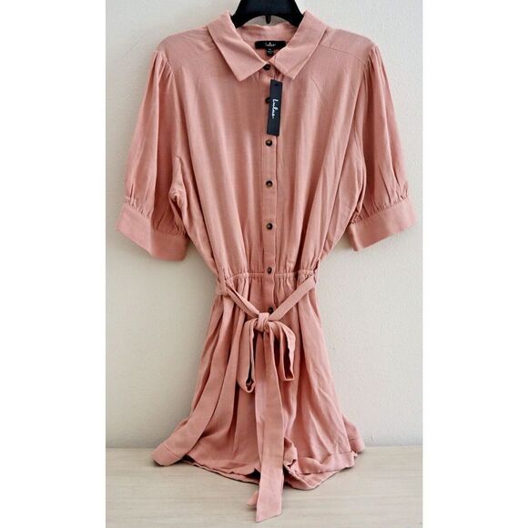 Lulus Women's Sz XL Blush Pink Adventure Ready Puff Sleeve Button-Up Romper - Picture 3 of 7
